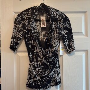 Karen Kane Black and White Wrap Blouse with 3/4 Sleeves